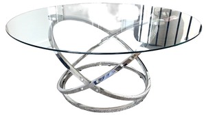 lot 12 image: Modern Glass and Chrome Round Coffee Table with Sculptural Base