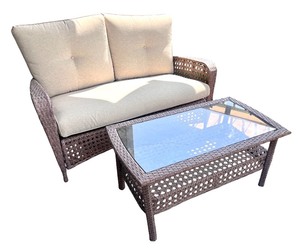 lot 18 image: 2-Piece Wicker Patio Set with Cushioned Loveseat and Glass-Top Table