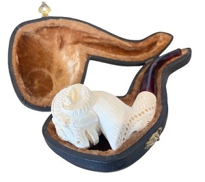lot 23 image: Carved Meerschaum Pipe with Ram Head Design and Fitted Case