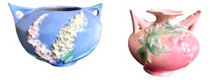lot 31 image: Pair of Roseville Pottery Vases Pink and Blue Floral Pattern