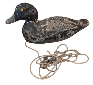lot 37 image: Antique Wooden Duck Decoy with Weight and Line