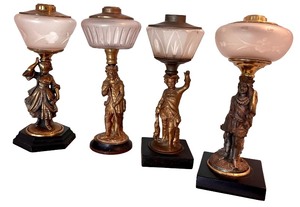lot 38 image: Set of 4 Antique Style Figural Lamps with Frosted Glass Shades