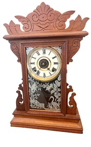 lot 46 image: Antique Gilbert Mantel Clock with Ornate Wood Case and Key