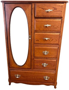 lot 107 image: Oak Highboy Dresser with Mirror and Brass Hardware