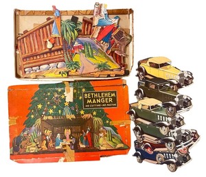 lot 112 image: Vintage Bethlehem Manger Pop-Up Set and Tin Litho Car Toys Collection