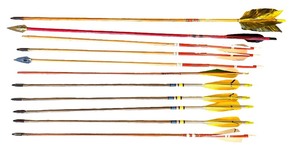 lot 132 image: Collection of 11 Vintage Wooden Hunting and Target Arrows with Feather Fletching
