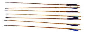 lot 134 image: Set of 7 Wooden Arrows with Blue and White Fletching