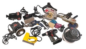 lot 135 image: Collection of 10 Power Tools Including Sanders, Drills, Routers, and Circular Saw