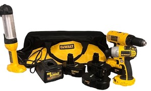 lot 140 image: DeWalt 18V Cordless Tool Set with Drill, Impact Driver, Work Light, Batteries, Charger, and Bag