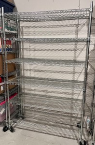 lot 153 image: One Metal Wire Shelving Rack with 6 Adjustable Shelves on Casters