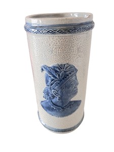 lot 21 image: Antique 8.5 Weir Stoneware Old Sleepy Eye Cattail Dragonfly Vase Flemish