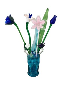 lot 29 image: Hand-Blown Glass Flower Bouquet in Blue Vase