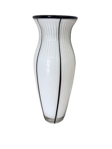 lot 30 image: Tall White Glass Vase with Black Pinstripe Design