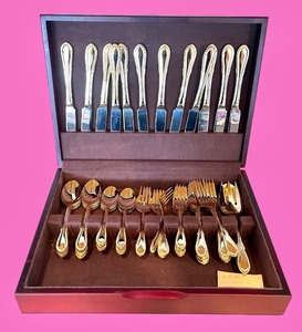 lot 62 image: Gold-Plated Flatware Set in Wooden Case - 12 Place Settings