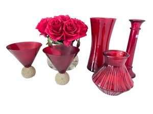 lot 67 image: Red Glass Vase and Martini Glass Decor Collection with Faux Roses