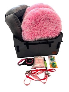 lot 77 image: Pet Accessory Bundle with Pink Beds, Leash, Toys, and Storage Bin