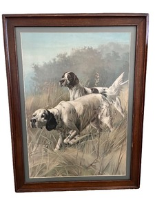 lot 87 image: Framed Artwork Print Featuring English Setter Dogs in Field