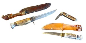lot 163 image: Vintage Knife Set with Sheaths and Pocket Knife, Stag Handles
