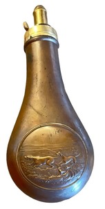 lot 164 image: Antique Brass Powder Flask with Embossed Hunting Scene