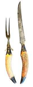 lot 165 image: Antique Carving Knife and Fork Set with Antler Handles