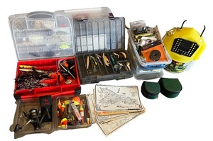 lot 176 image: Large Fishing Tackle and Gear Lot with Lures, Reels, Floats, and Accessories