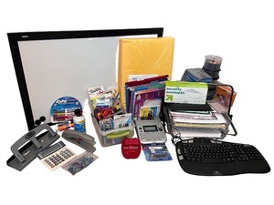 lot 183 image: Large Office Supply Lot with Whiteboard, Filing Accessories, and Keyboard