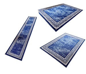 lot 32 image: Set of 3 Blue Area Rugs and Runners with Ornate Borders