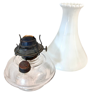 lot 123 image: Antique Glass Oil Lamp and White Milk Glass Vase