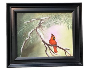 lot 159 image: Framed Cardinal Bird Oil Painting on Canvas
