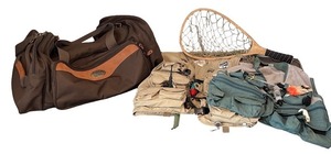 lot 191 image: Fly Fishing Gear Collection with Vests, Landing Net, and Travel Bag