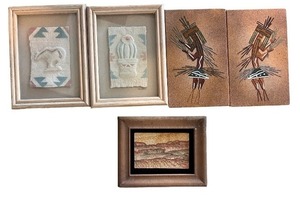 lot 197 image: Collection of 5 Framed Southwestern Sand and Textile Art Pieces