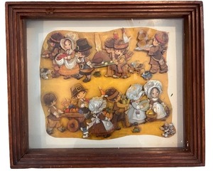 lot 210 image: Framed Thanksgiving 3D Art with Pilgrim Children Scene