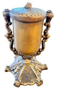 lot 226 image: Antique Brass Urn-Shaped Trinket Box with Hinged Lid and Ornate Base