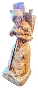 lot 228 image: Antique Cast Metal Figurine of Woman with Basket and Walking Stick