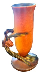 lot 231 image: Roseville Pottery Pinecone Vase Pattern 112-7 Orange Brown Art Deco