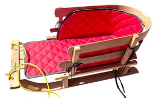 lot 241 image: Wooden Childs Pull Sled with Red Quilted Liner