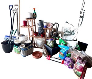 lot 247 image: Large Group of Garden Tools, Planters, and Potting Supplies