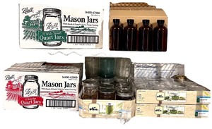 lot 254 image: Collection of Mason Jars and Bottles - Mixed Ball and Kerr Half-Pint and Quart Sizes