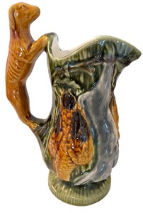 lot 261 image: Vintage Majolica Style Ceramic Hunting Pitcher with Dog Handle