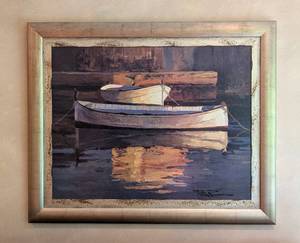 lot 5 image: Large Framed Poch Romeu Canvas Canoe Painting (Reproduction)