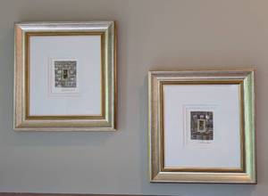 lot 15 image: Pair of Small Framed Metallic Mixed Media by Merri Pattinian