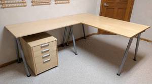 lot 71 image: IKEA Blonde Wood L Shaped Desk and File Cabinet