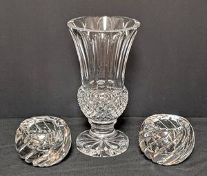 lot 137 image: Pair of Crystal Candleholders and Vase