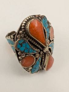 lot 38 image: Silver Ring with Turquoise and Coral Inlay