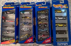 lot 185P image: Lot of 4 Hot Wheels 5-Car Sets in Original Packaging World Racers, 50s Cruisers, Off-Road 4x4s, and Ferrari Sets