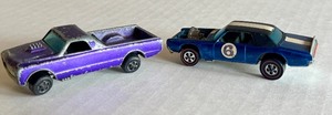 lot 17HW image: Vintage Hot Wheels Redlines Custom Fleetside Purple and TNT Bird Diecast Cars