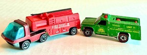 lot 42HW image: Vintage Hot Wheels Redlines Fire Engine and Forest Ranger Trucks