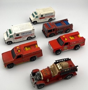 lot 18N image: Set of 6 Emergency Hot Wheels Vehicles Including Fire Trucks and Ambulances