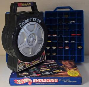 lot 22K image: LR - Hot Wheels Showcase Set with 48-Car Carrying Case, Good Year Tire Case, Multiple Cars and Giftpack