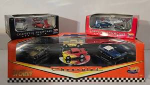 lot 55K image: LR - Hot Wheels Chevrolet Collectibles Lot with 40th Anniversary 57 Chevy and 45th Anniversary Corvette Showcase Sets